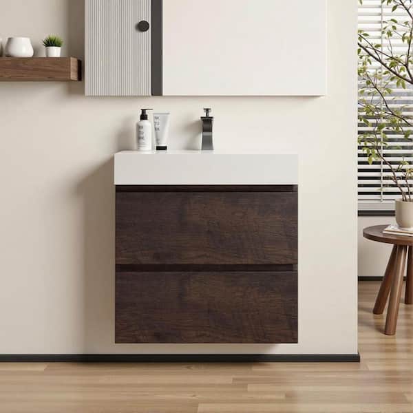 INSTER 24 in. Wall Mount Modern Single Sink Walnut Bath Vanity with One-Piece White Solid Surface Top Sink Pre-assembled