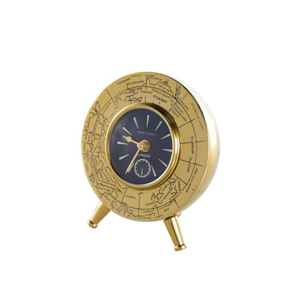 Litton Lane Gold Stainless Steel Metal World Map Small Dome Clock with Black Clockface
