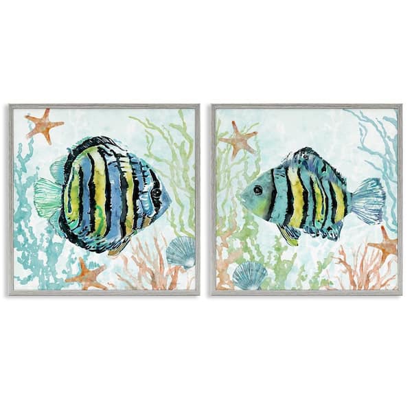 Stupell Industries Aquatic Striped Fish by Carol Robinson 2 Pieces Gray Framed Animal Giclee Art Print 24 in. x 24 in.