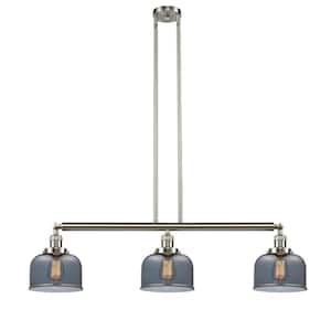 Bell 3-Light Brushed Satin Nickel Island Pendant Light with Plated Smoke Glass Shade