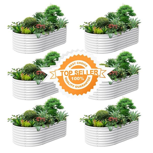 6-Pack White Metal Oval Raised Garden Bed Planter Box for Planting Vegetables Flowers (96 in. L x 48 in. W x 24 in. H)
