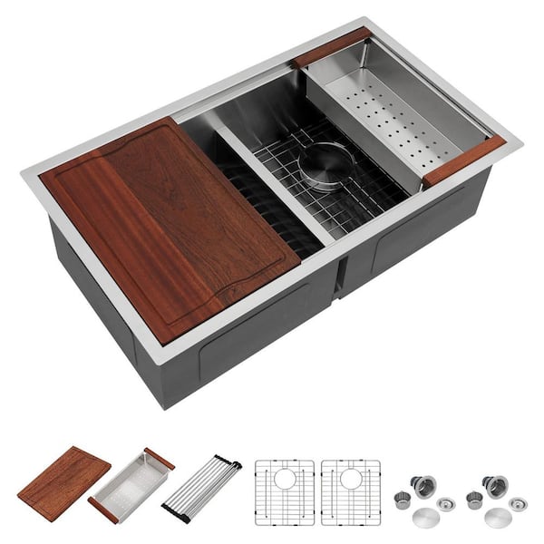 36 in. Workstation 50/50 Split Undermount Kitchen Sink Set, 16-Gauge Stainless Steel, Double Bowl, Low-Divide