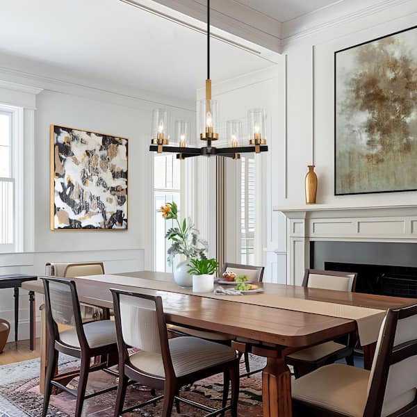 22 in. 5-Light Brass Gold Dining Room Chandelier, Seeded Glass Black Pendant Light, Modern Vintage Linear Chandelier