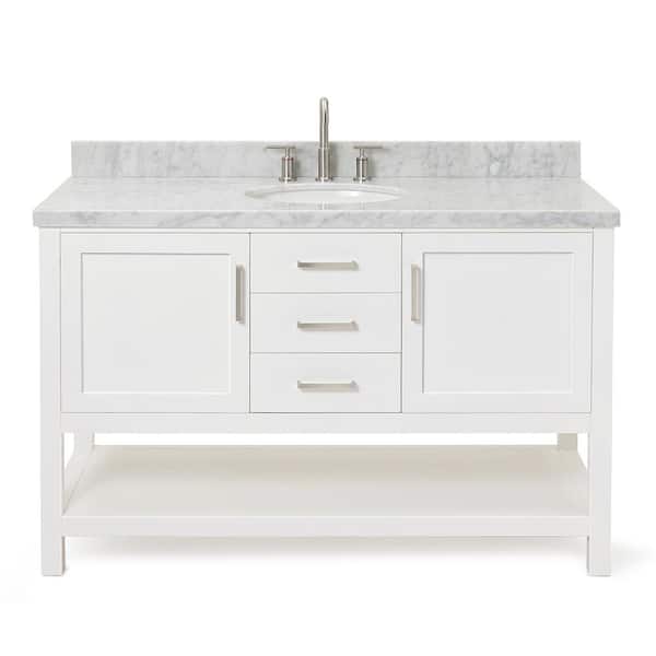 Bayhill 55 in. W x 22 in. D x 36 in. H Bath Vanity in White with Carrara White Marble Top
