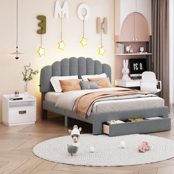 Gray Wood Frame Queen Platform Bed with Headboard, Upholstered and Storage for Bed Room