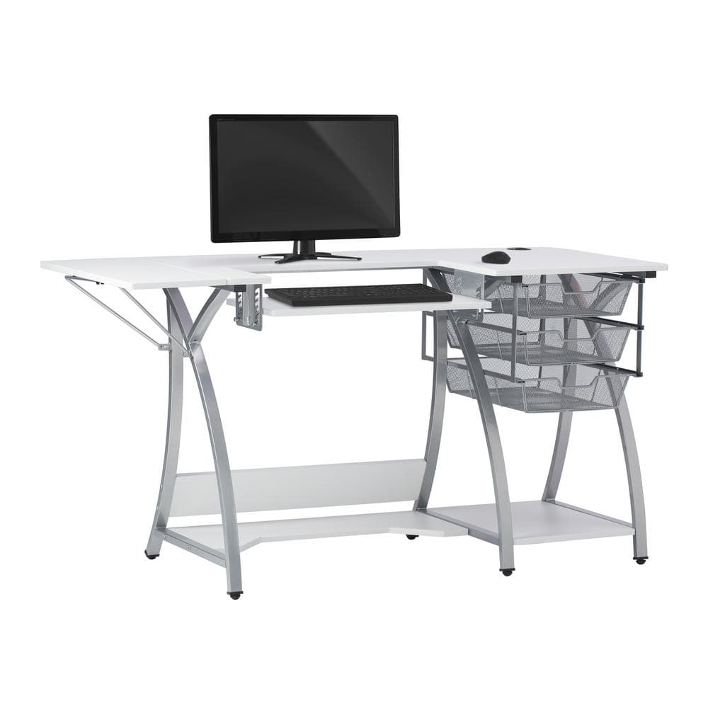 Silver and White Foldable Sewing Table with Mesh Drawers