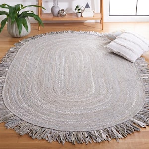 Braided Light Gray Doormat 3 ft. x 5 ft. Striped Solid Color Oval Area Rug