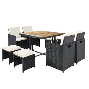 Black 9-Piece Wicker Outdoor Dining Set with Wood Tabletop and Beige Cushions