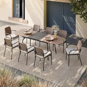 Brown 9-Piece Wicker Rectangular Outdoor Dining Set with Beige Cushions and Expandable Table