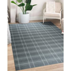 Gray Hand Knotted Wool Transitional Reversible Plaid Rug, 8' x 10', Area Rug