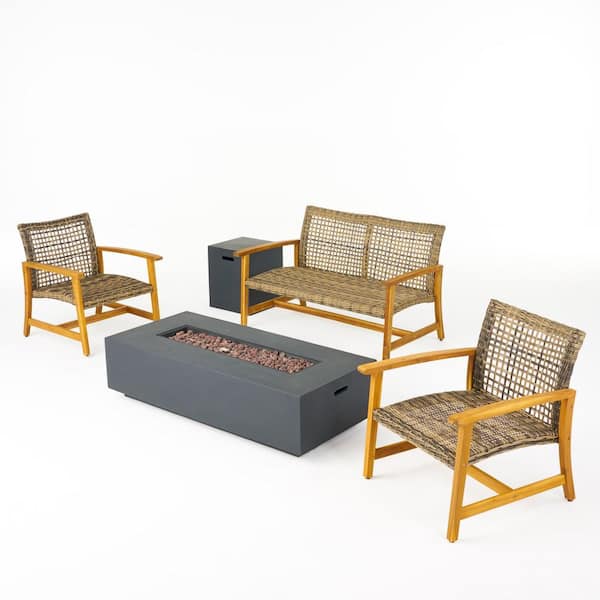 Noble House Augusta Light Grey Washed 5-Piece Wood Outdoor Patio Fire Pit Seating Set