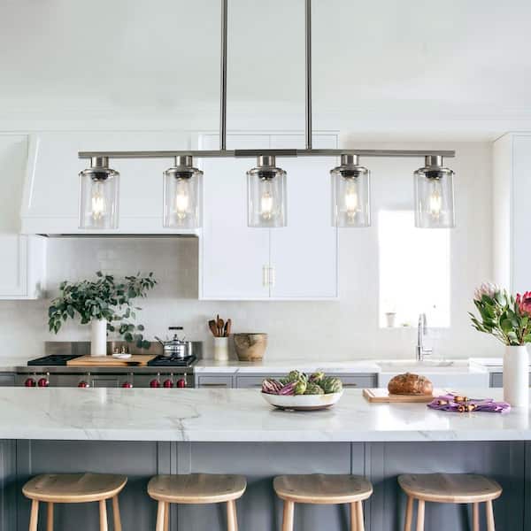 5 Light Brushed Nickel Chandelier with Clear Glass Shade for Dining Room, Living Room with no bulbs included