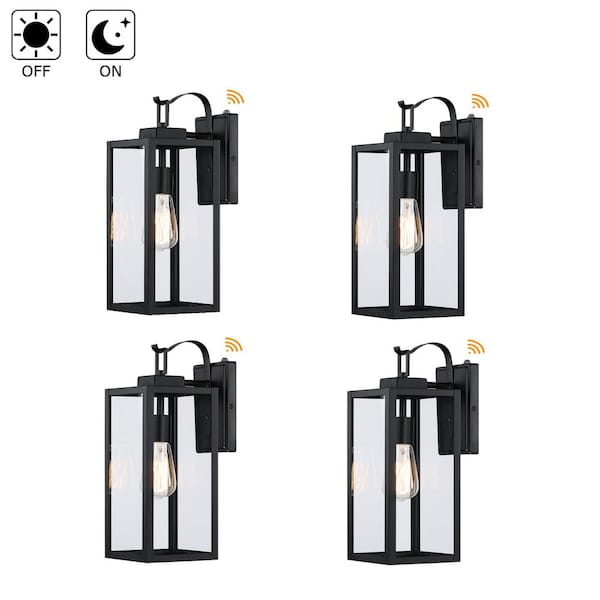 Foothill 18 in. 1-Light Matte Black Outdoor Hardwired Wall Lantern Sconce with Clear Glass Dusk to Dawn (4-Pack)