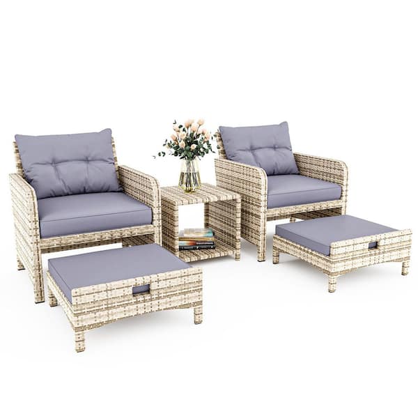 PamaPic 5-Pieces Wicker Patio Furniture Set Outdoor Patio Chairs with Ottomans, Purple Cushions
