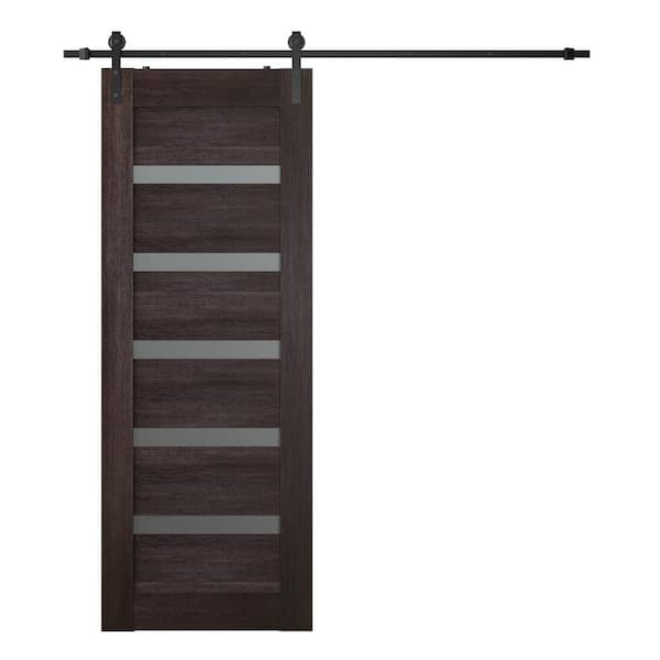 Belldinni Vona 07-04 24 in. x 80 in. 5-Lite Frosted Glass Veralinga Oak Composite Core Wood Sliding Barn Door with Hardware Kit