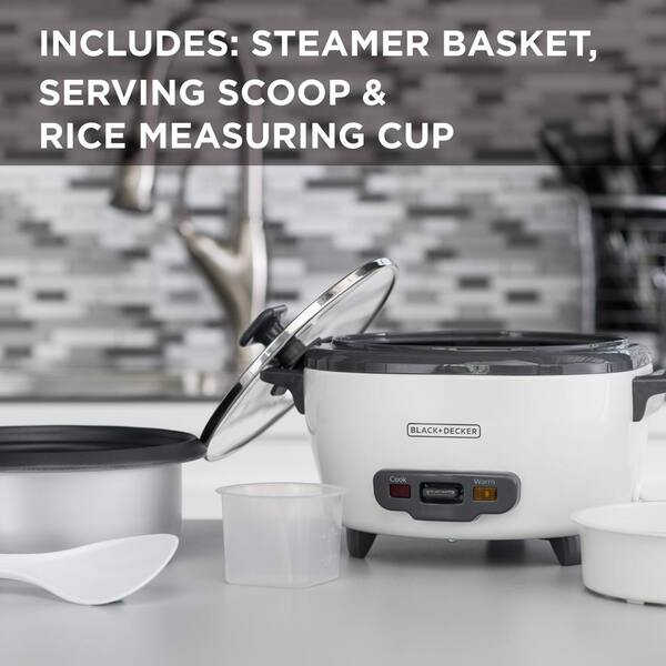 BLACK+DECKER 6-Cup White and Grey Rice Cooker with Food Steaming