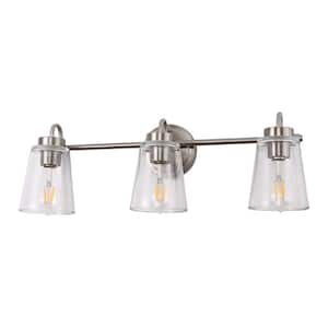 24 in. 3-Light Nickel Modern Bell Vanity Light for Bathroom Mirror with Clear Glass Shades