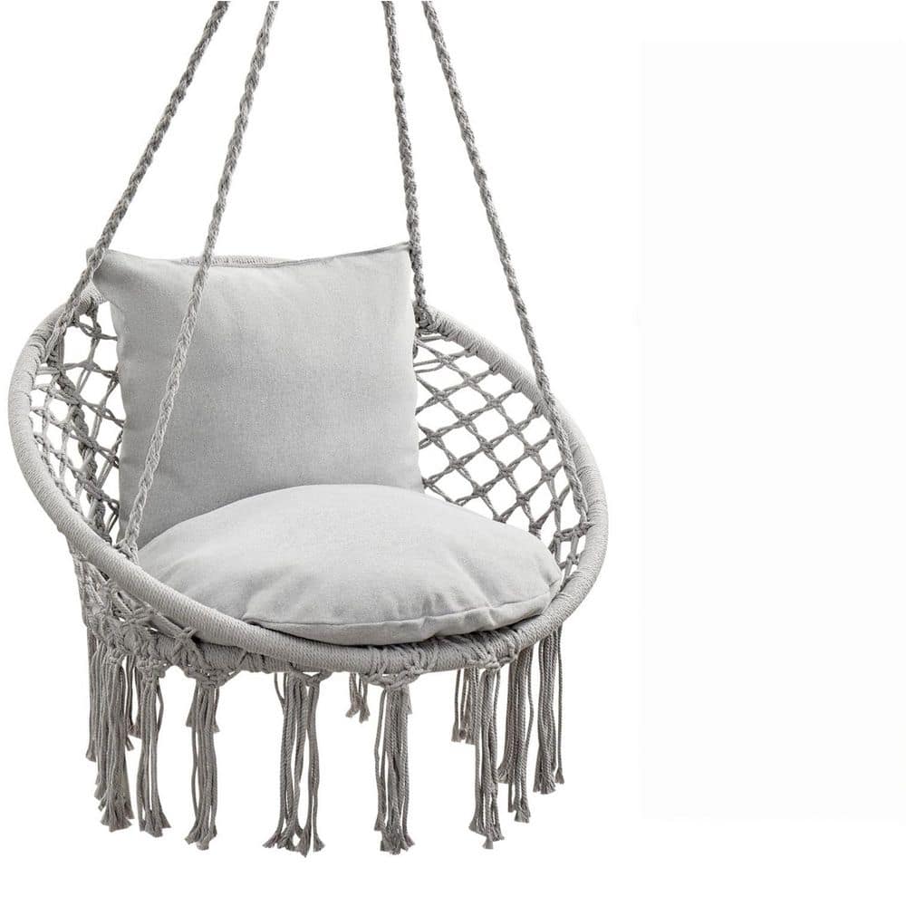 Macrame Hammock Chair Hanging Swing Chair Max 330 Lbs for Indoor Outdoor Bedroom Patio Garden - Light Grey