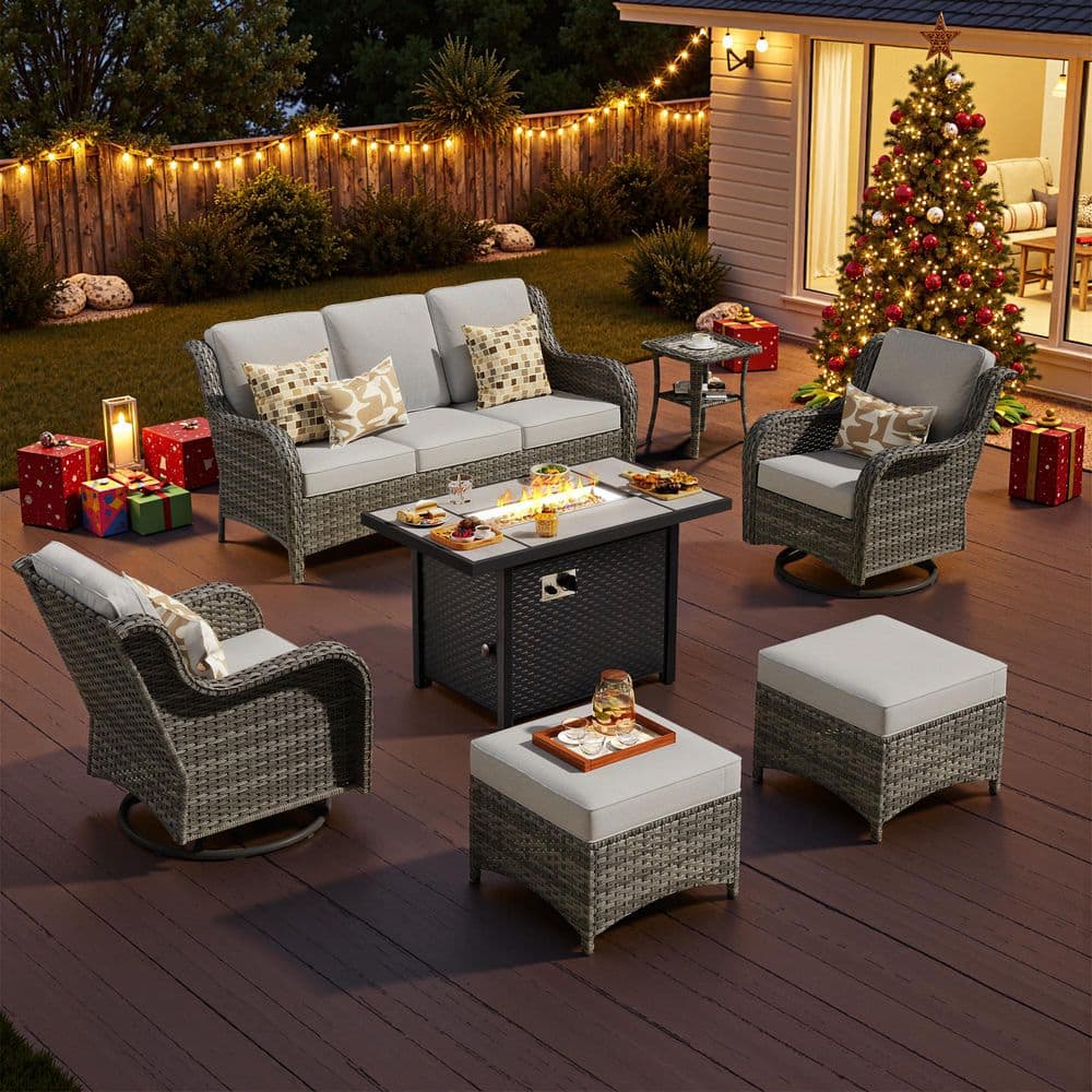Clario 7-Piece Wicker 3-Seat Patio Conversation Set with Fire Pit Table, Gray Cushion and 360° Swivel Chair for Deck price history on PriceWatchPro