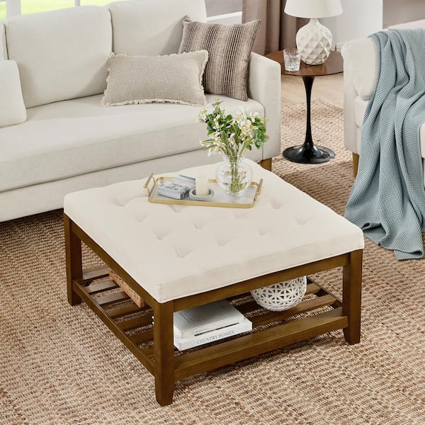 Noble House Yorsa 33.5 in. Ivory Modern Upholstered Square Coffee Table with Shelf, Beechwood