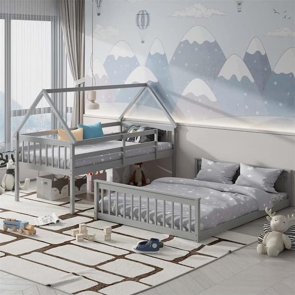 Costway Grey Twin Over Full House Bunk Bed with Ladder and Guardrails Convertible to (2-Beds)