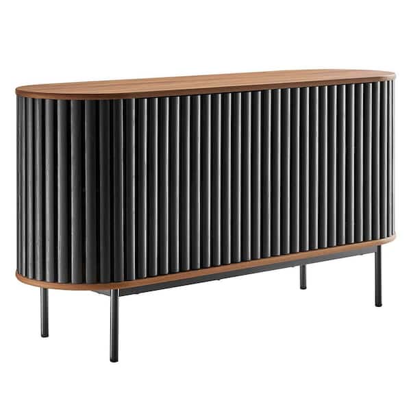 MODWAY Fortitude Walnut Black Wood 59 in. Sideboard with 6 Storage Spaces