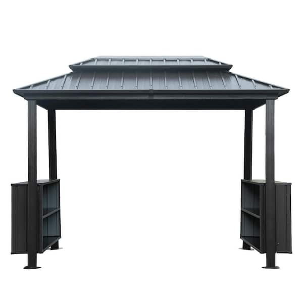 6 ft. x 10 ft. Gray Outdoor Hardtop Grill Gazebo w/ Double Galvanized Steel Roof/2-Storage Cabinets/Ceiling Hooks
