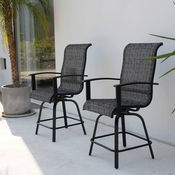 Black&Grey Plaid Swivel Metal Outdoor Bar Stool with Arms Backs for Porch Balcony, Poolside, Deck (2-Pack)