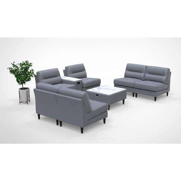 Leather Cushioned High-Back Ergonomic Lobby Armless Chairs in Gray with Integrated Charging Table for 6 persons