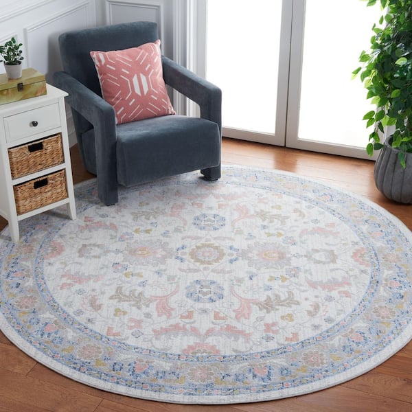 Bayside Beige/Blue 3 ft. x 3 ft.  Machine Washable Traditional Floral Round Area Rug