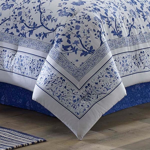 Laura Ashley Charlotte 4-Piece Blue Floral Cotton Twin Comforter Set 211389  - The Home Depot