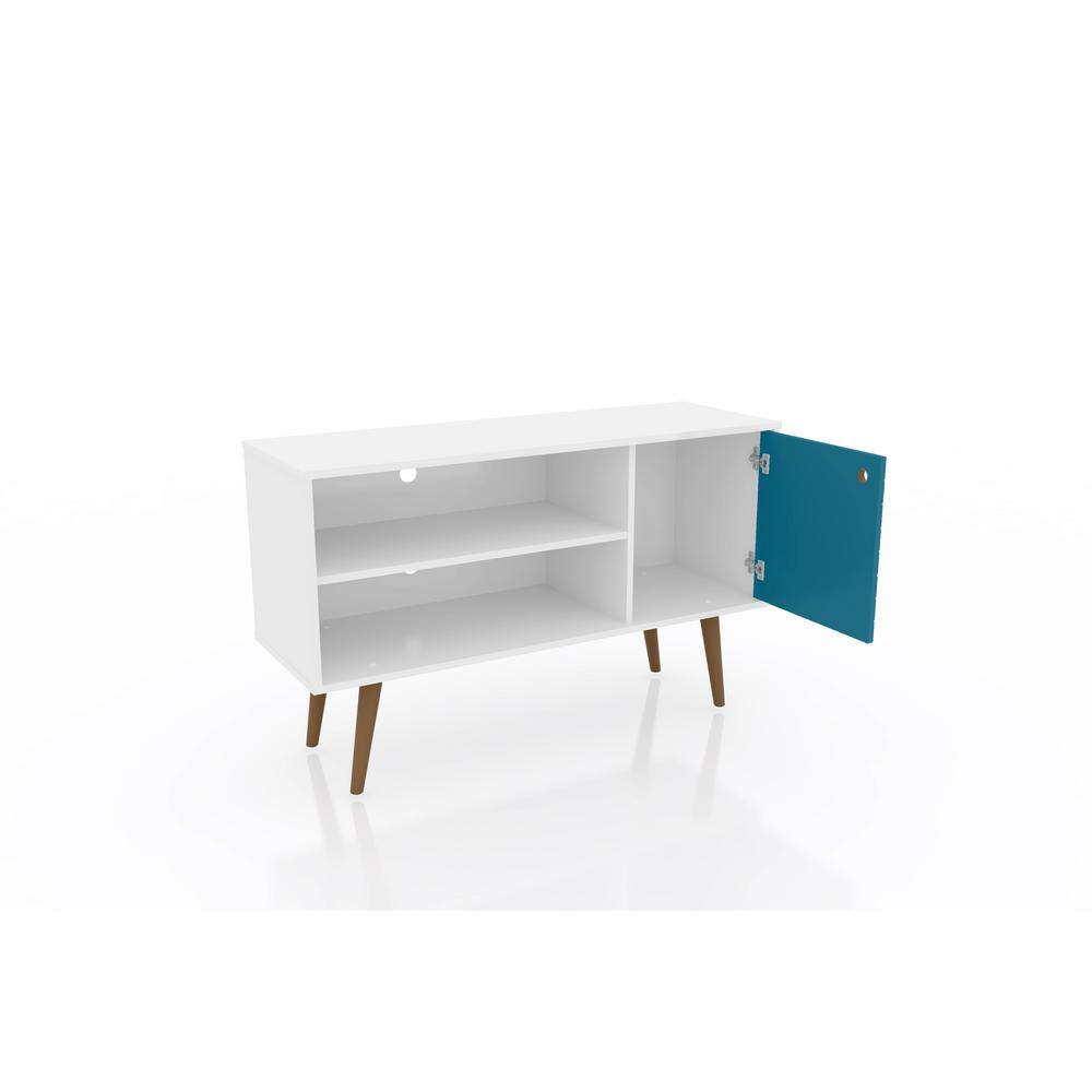White and Aqua Blue Mid-Century Modern TV Stand with Cabinet