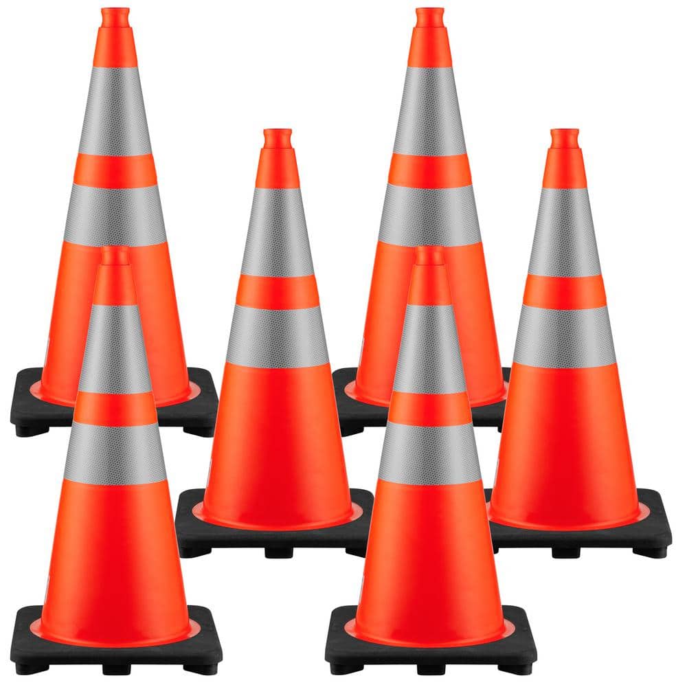 28 in. H Orange PVC Reflective Traffic Safety Cones with Black Base (6-Pack