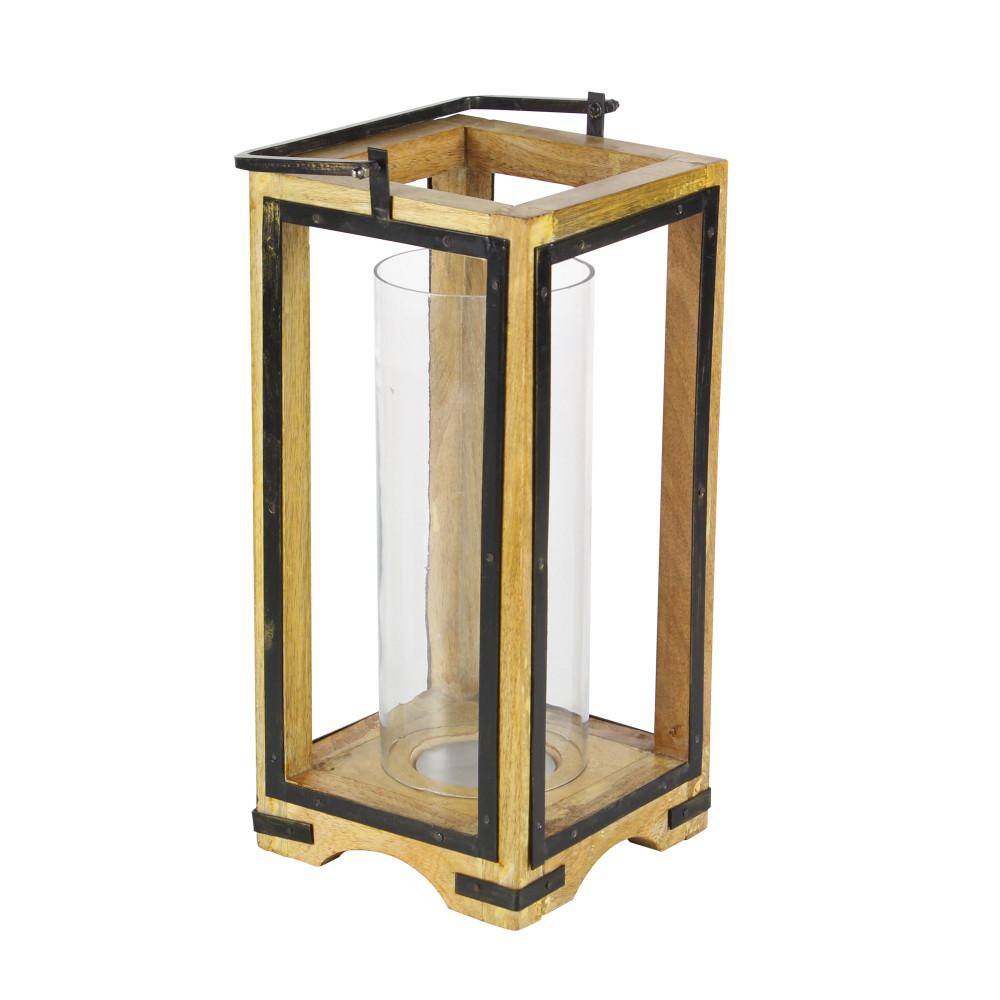 Elegant Wood and Glass Hurricane Candle Lantern, 26" Brown