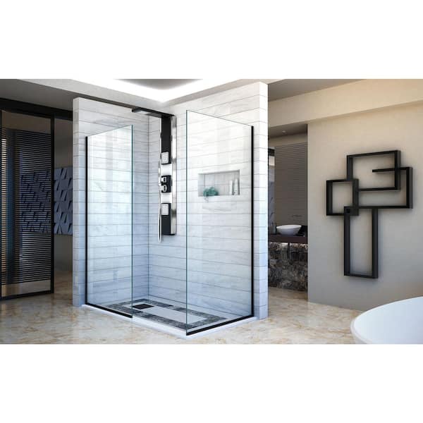Linea 34 in. x 72 in. Semi-Frameless Corner Fixed Shower Screen in Matte Black