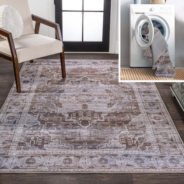 JONATHAN Y Alanya Ornate Medallion Machine-Washable Brown/Light Gray 3 ft. x 5 ft. Area Rug