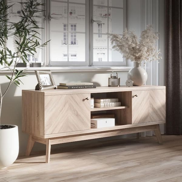 LIVING SKOG Scandi 58 in. Herringbone style TV Stand with Wooden legs Fits TV's up to 65 in. With Cable Management