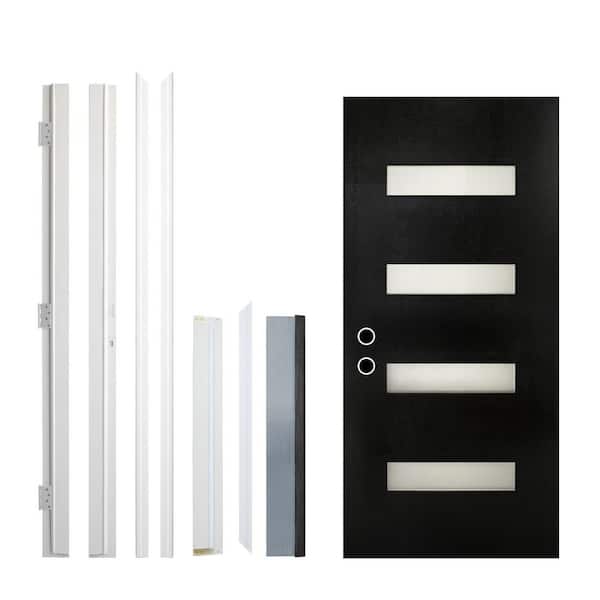 36 x 80 in. Fiberglass Entry Door with Brickmould,Black Finished,RH Inswing,Kit with Quick Assemble Jamb,Frosted Glass
