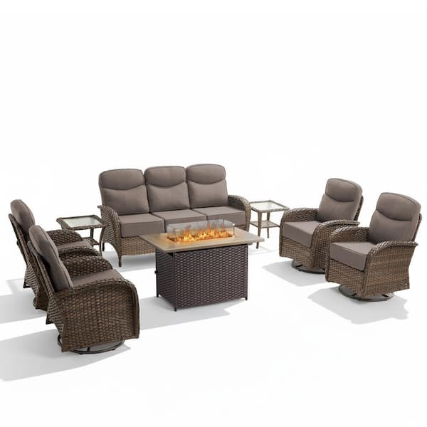 High Crescent 10-Piece Brown Wicker Patio Conversation Set with Gray Cushions and Wicker Fire Pit Table