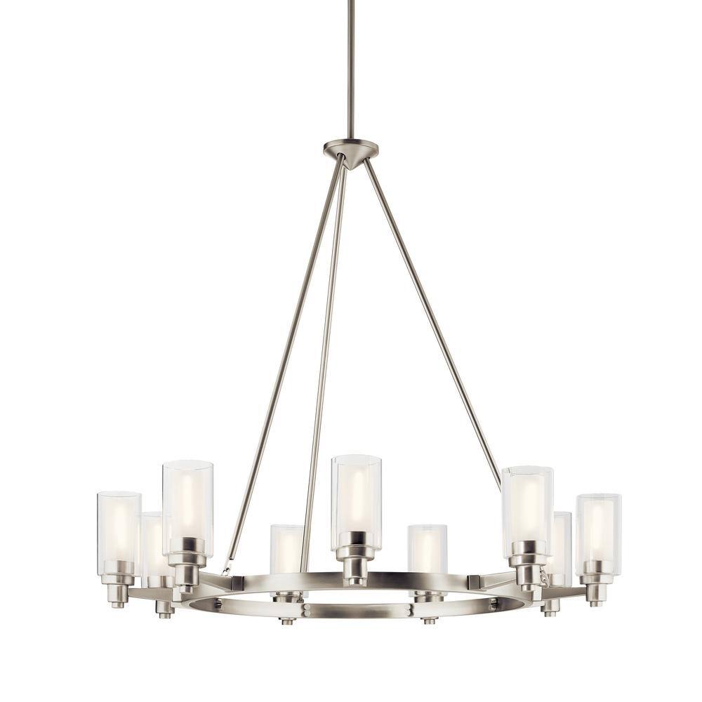 Elegant Brushed Nickel 9-Light Chandelier with Clear and Satin Etched Glass