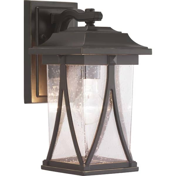 Abbott Collection 1-Light Antique Bronze Clear Seeded Glass Craftsman Outdoor Small Wall Lantern Light