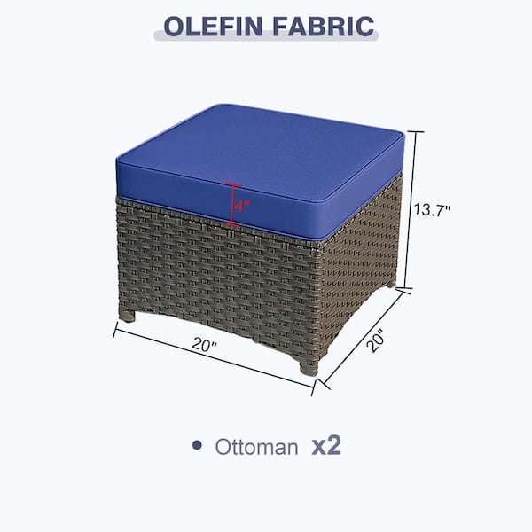 2-Pieces Wicker Outdoor Ottoman with Blue Cushions