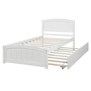 White Twin Size Trundle Platform Bed with Pull Out Trundle Wood Bed Frame with Headboard, No Box Spring Need