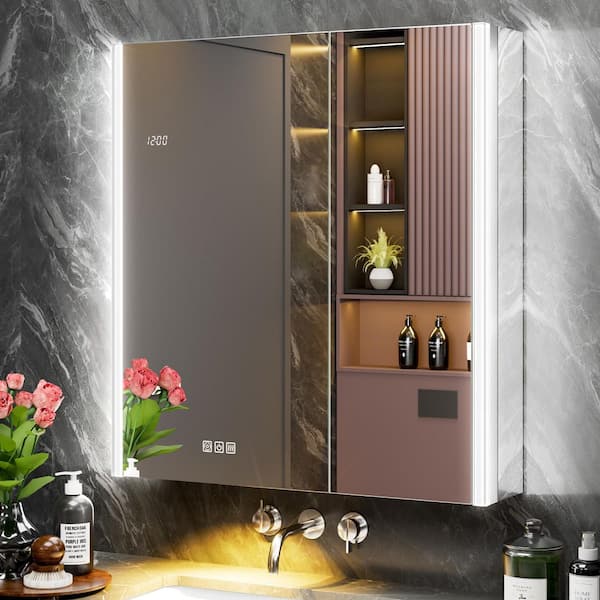 AuraPro 30 in. W x 32 in. H Rectangular Aluminum Surface/Recessed Wall Lighted Medicine Cabinet with Mirror (Side)