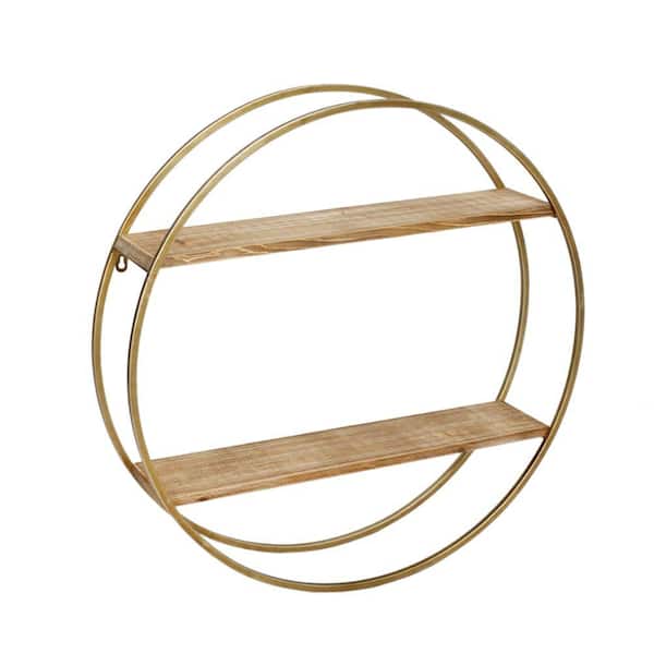 Benjara 26 in. L x 6 in. W x 26 in. H Brown and Gold Wood and Metal Wall Shelf with 2-Open Shelves