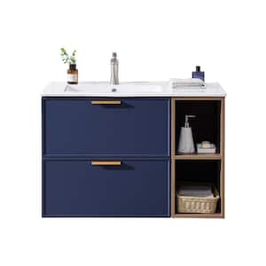 36 in. W x 18 in. D x 24 in. H Wall Mounted Blue Bath Vanity with Brown Wood Grain Side Shelf with White Ceramic Sink