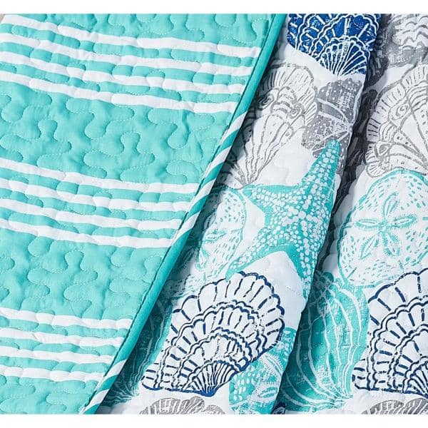 King Size Blue Microfiber Reversible Coastal Quilt Set