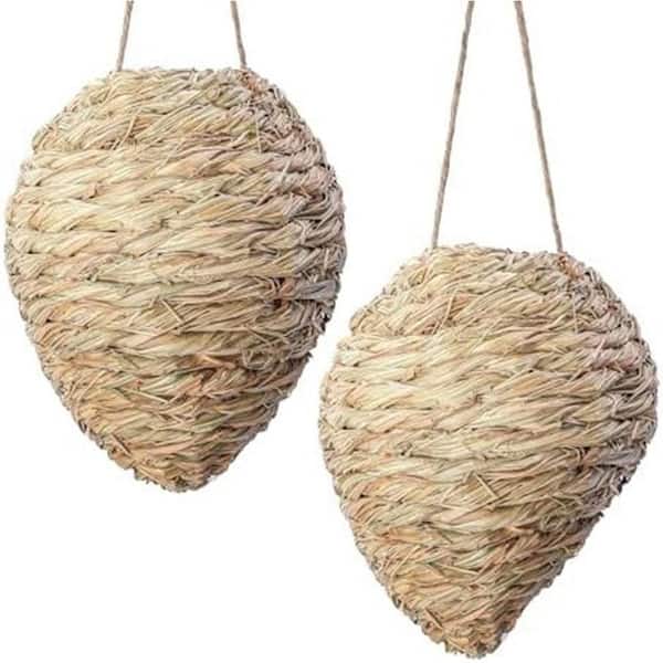 Outdoor Wasp Nest Decoy Trap with Natural Woven Reed Hanging Faux Hornet Nest Deterrent Garden Yard 2-Pack