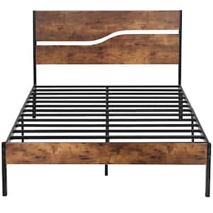 Full Metal Platform Bed Frame with Wooden Headboard，Platform Bed with Metal Frame Under Bed Storage，56.6"W，Brown