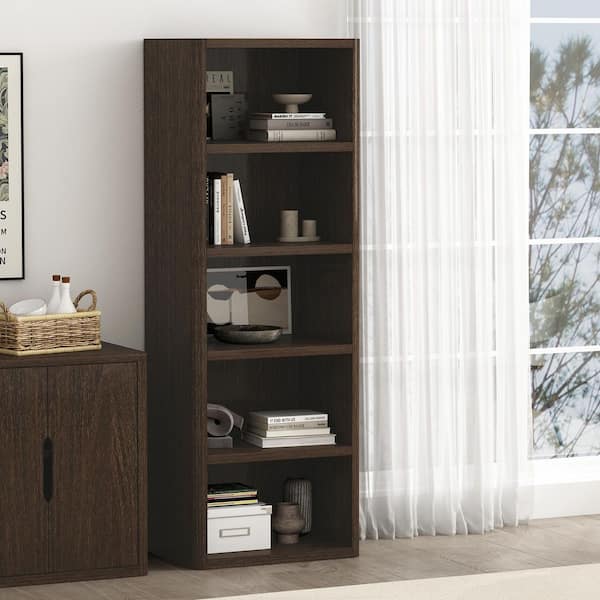 Rivington 79 in. Tall Modern Dark Walnut Composite Wood 5-Shelf Standard Bookcase with Open Shelving